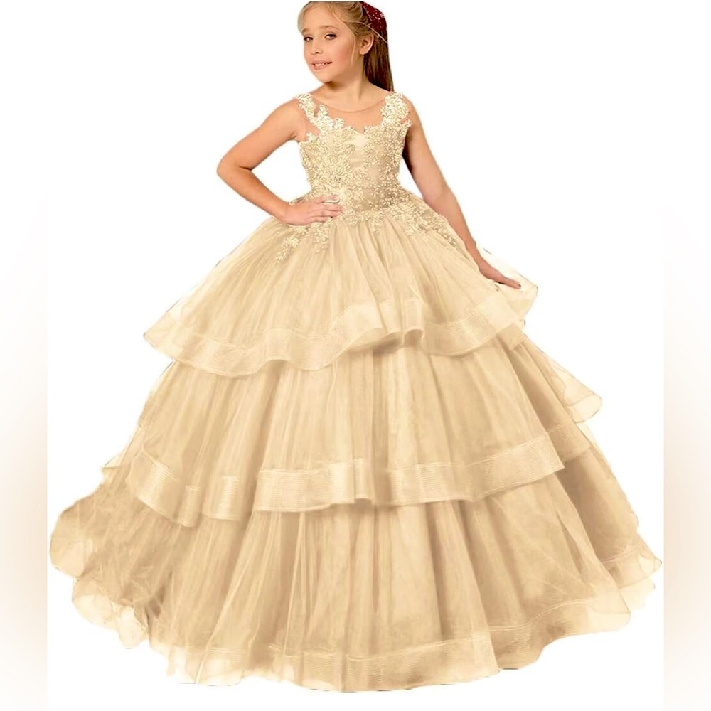 Girls' Special Occasion Tulle Tiered Dress with lace appliqué.